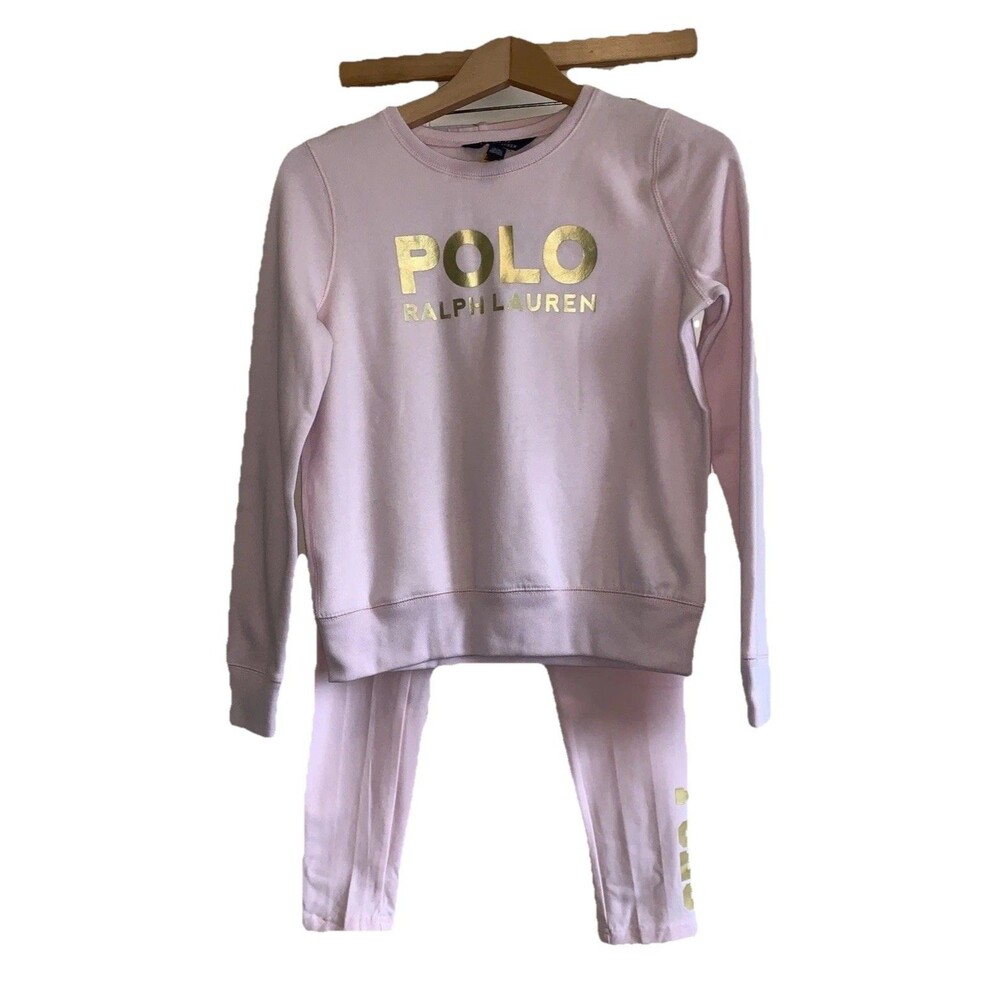 Ralph Lauren polo girls set Sz 12 -14 sweater &leggings Pink gold metallic Logo